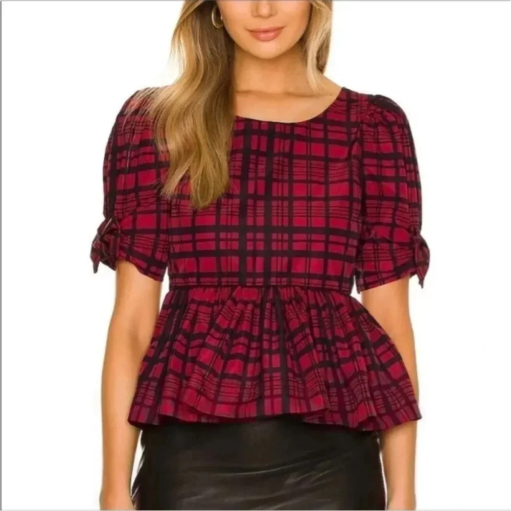 Loveshackfancy Keily Puff-Sleeve Peplum Top Blouse Moody Ruby Plaid Coquette 2 View 2